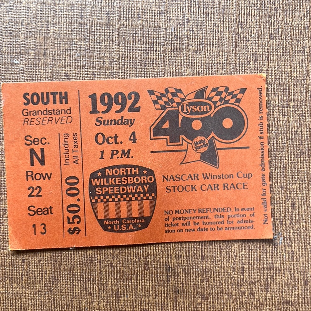 Ticket stub for 1992 Tyson 400 at North Wilkesboro Speedway.
